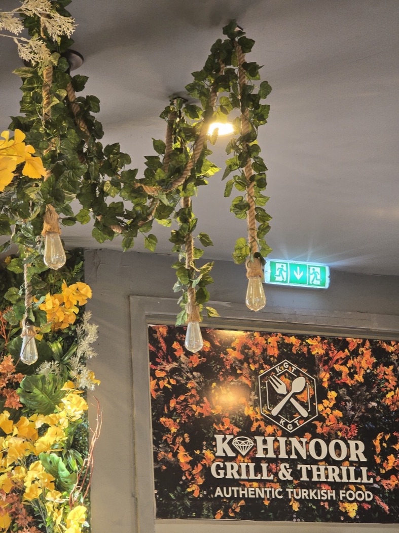 Kohinoor Grill and Thrill signage on a botanical wall with rope-hung Edison bulbs